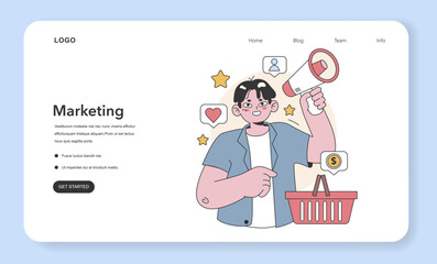 Marketing strategy concept. A charismatic marketer with a megaphone, engaging audience, love for the brand, and driving sales. Flat vector illustration