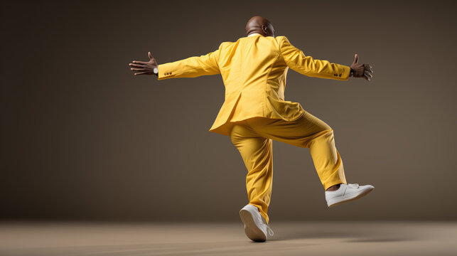 Cuban man in fancy yellow suit dancing and moving. Joyful, fashionable dark-skinned male dancer in motion, having fun. Neutral background with copy space.