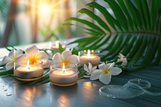 spa day with tropical flowers, green leaves  and candles