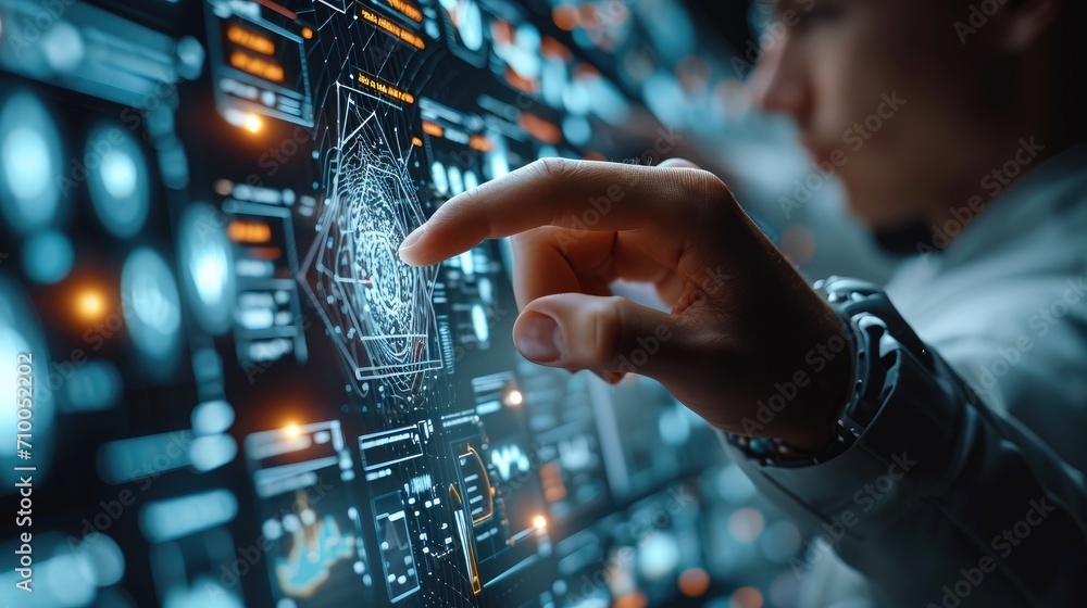 Aufkleber close up businessman hand interacting with a virtual interface. generative ai.