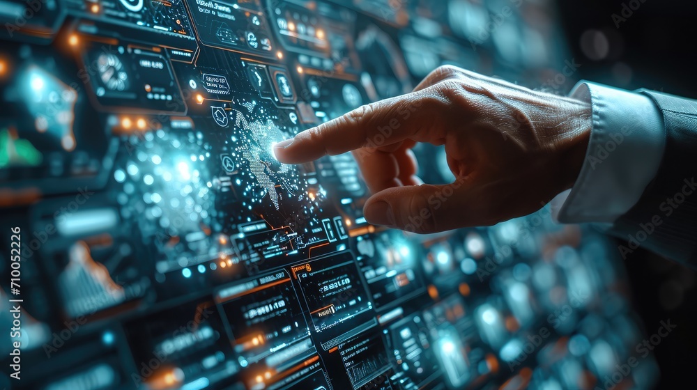 Aufkleber Close up businessman hand interacting with a virtual interface. Generative AI.