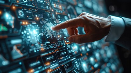 Close up businessman hand interacting with a virtual interface. Generative AI.
