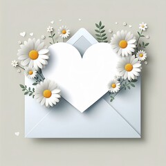 A blank heart shape card on envelop with daisy flowers with space for copy Design Illustration for Valentine's day concept created with generative ai