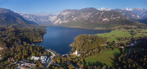 San Juan Bautista Church and Romanesque bridge. ,Lake Bohinj in Triglav National Park, julian alps,...