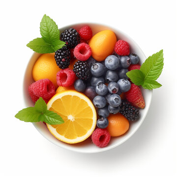 a white bowl with fresh fruits, white background created with Generative Ai