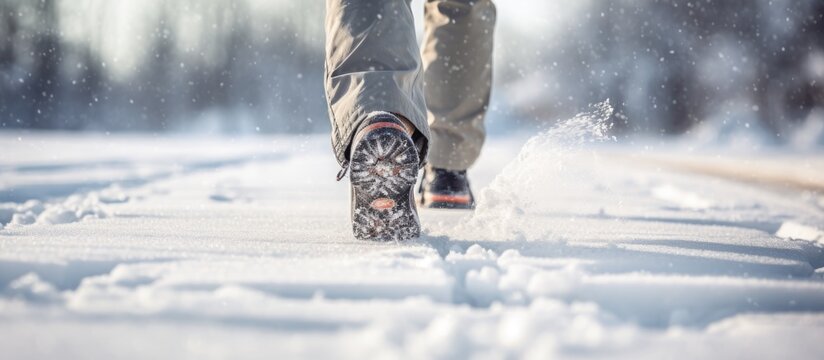 A well-captured image of a person wearing snowboots walking in the snow.