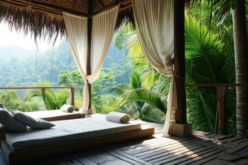 Naklejka na ściany i meble An open-air spa lounge with a tropical view 