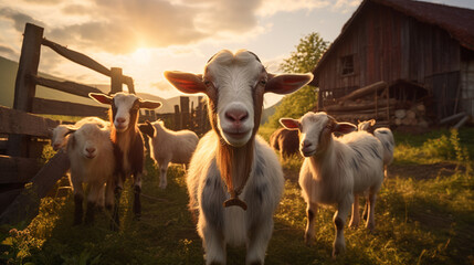 goats on a farm, nature, in a meadow. Goats look at the viewer.Generative AI