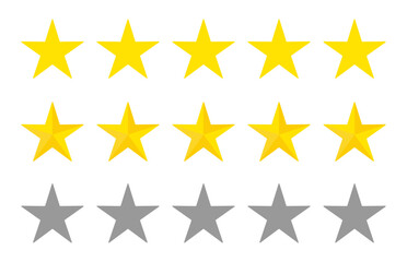 Flat five golden stars, five golden stars with 3D effect, and five grey stars for rating or review designs in apps or websites