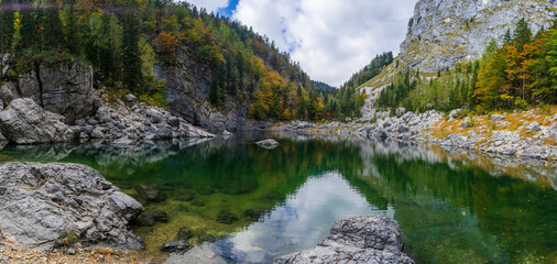 Fototapeta na wymiar Črno lake, route to Mount Triglav from Lake Bohinj, Triglav National Park, Julian alps. Slovenia, Central Europe,