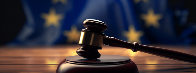 Judge's gavel on wooden table and European Union flag.Generative AI - obrazy, fototapety, plakaty