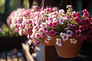 hanging baskets of pink spring flowers, summer home decor