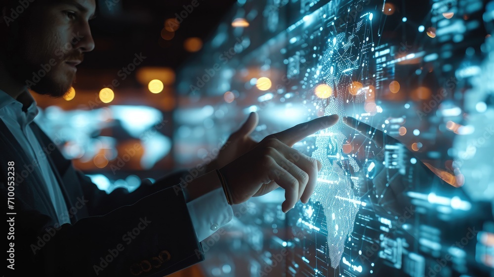 Poster Businessman hand interacting with a virtual interface. Generative AI.