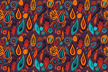 Abstract seamless pattern on a dark background. Bright elements of orange, black, red and blue. Vector illustration