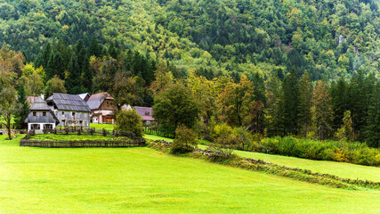 typical farm, Bavšica Valley in Triglav National Park, Bovec, Julian Alps. Slovenia, Central Europe