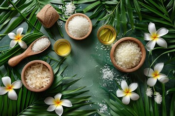 Herbal spa with floral tropical ingredients, top view, copy space