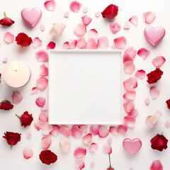 Valentine's Day. Frame made of rose flowers, gifts, candles, confetti on white background. Valentines day background. Flat lay, top view, copy space. Generative AI