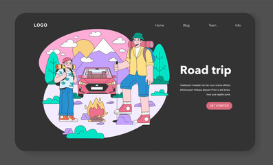 Road trip web banner or landing page night or dark mode. People going on vacation by car. Characters driving automobile on holidays, traveling the world together. Flat vector illustration