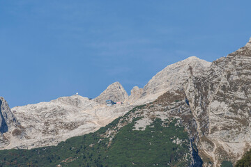 Fototapeta na wymiar Mount Kanin and cable car station, Bovec, julian alps. Slovenia, Central Europe,