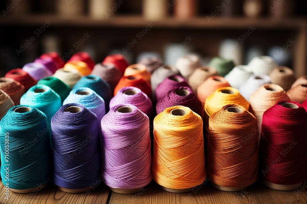Poster different color spools of thread for the textile industry. background. sewing threads in different c