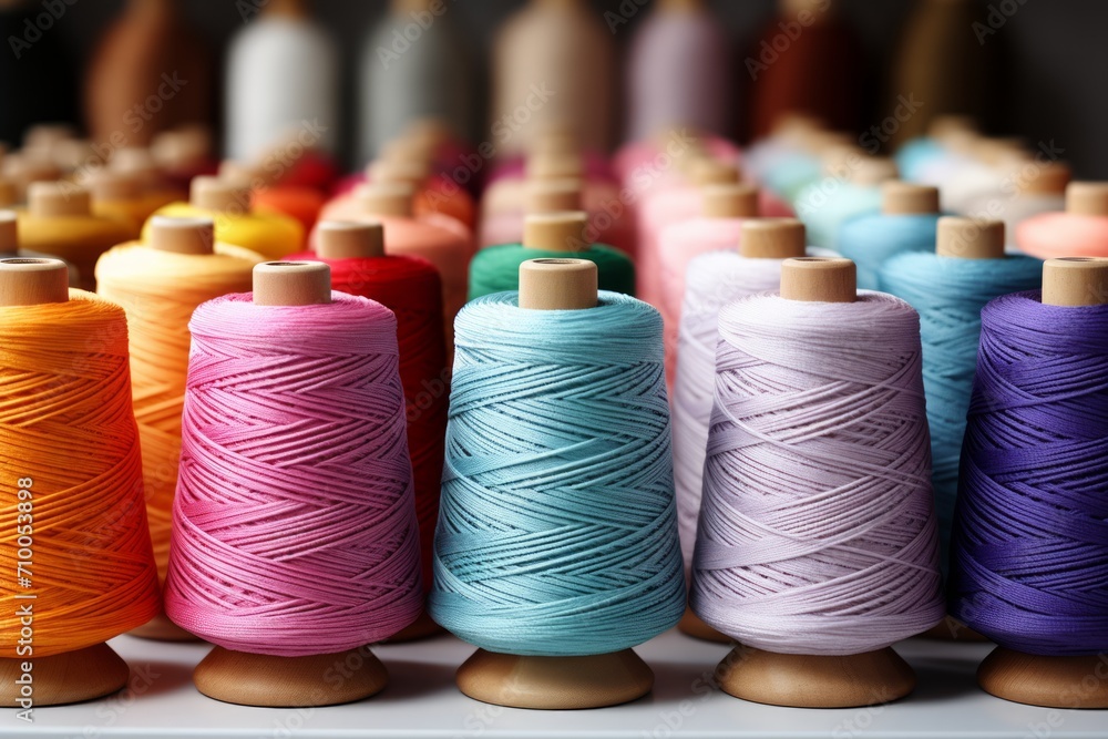 Poster different color spools of thread for the textile industry. background. sewing threads in different c