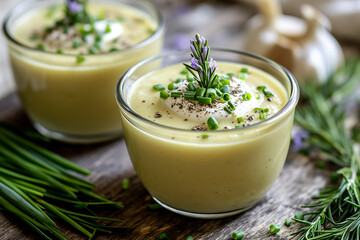 Two bowls of ramson soup garnished with chives.