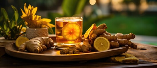 Enjoy a relaxing, energizing time at home with a soothing tea blend of turmeric, ginger, and lemon during sunset. - obrazy, fototapety, plakaty