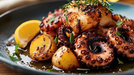 Grilled octopus with potato. Generative AI. - obrazy, fototapety, plakaty
