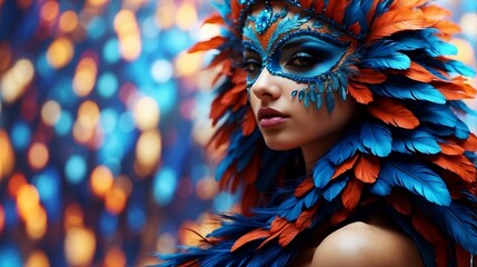 beautiful girl in a colorful sumptuous carnival feather suit Realistic luxury carnival mask with blue feathers. Abstract blurred background, gold dust, and light effect created with generative ai - obrazy, fototapety, plakaty