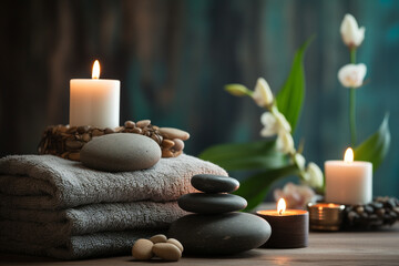 Obraz na płótnie Canvas studio closeup image of candles stones and towels, Spa theme created with Generative Ai