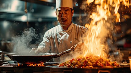 Chinese chef with a big pan cooking gourmet food. Generative AI. - obrazy, fototapety, plakaty