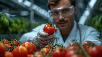 A scientist holding tomato in lab. Generative AI.