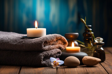 studio closeup image of candles stones and towels, Spa theme created with Generative Ai