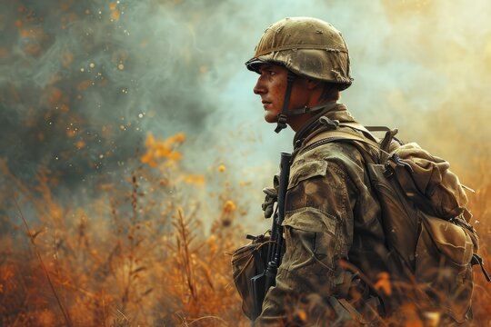 Portrait of American brave soldier realistic photography. Modern american soldier photo. independence Day. History of America. Horizontal format