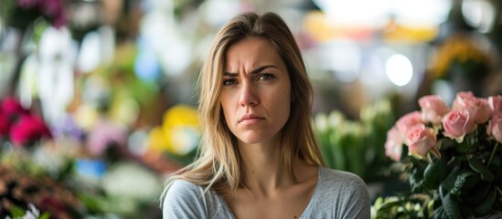 Upset white woman at florist, skeptical and nervous due to a problem, frowning and negative.