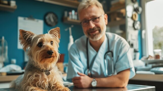 Generative AI, cute small dog being examined by professional veterinarian in vet clinic