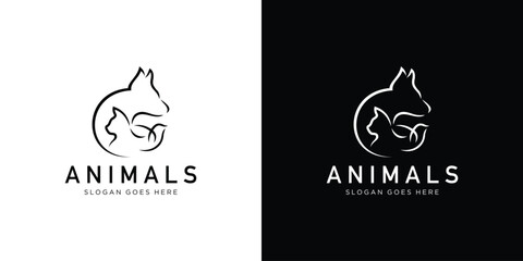Creative Animals Logo. Dog Cat Bird with Linear Outline Style. Pet Care Logo Icon Symbol Vector Design Template.