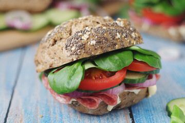 Homemade sandwiches with ham and vegetables	