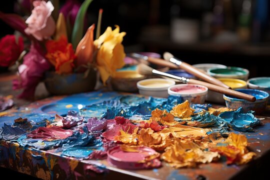 Colorful paint splashes on a palette with fresh flowers in soft focus