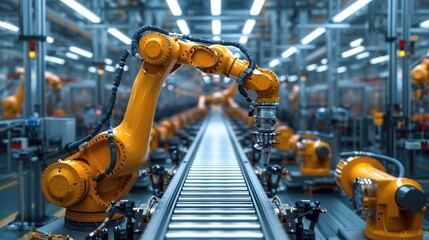 Robotic arm and steel conveyor in assembly car manufacturing factory. Generative AI. - obrazy, fototapety, plakaty