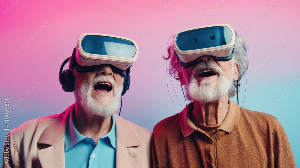 Aufkleber grandma and grandpa using vr headset against pastel color background. generative ai.