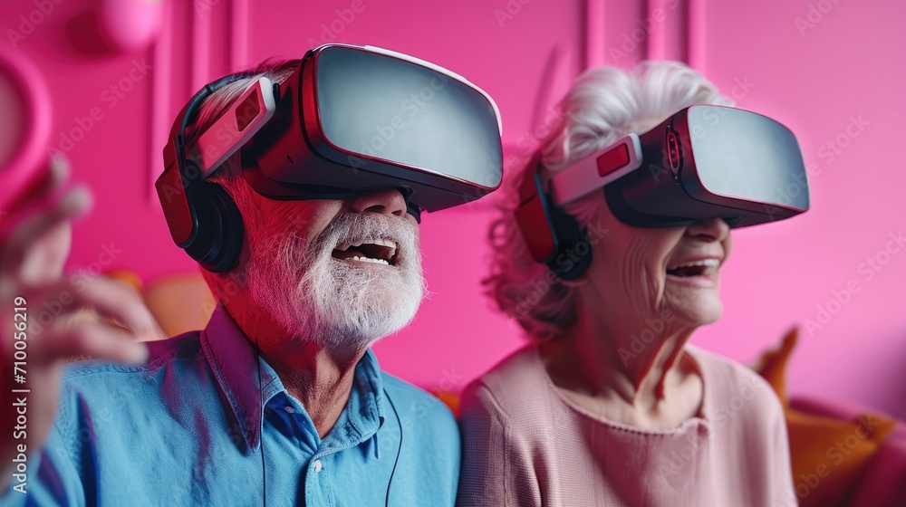 Aufkleber grandma and grandpa using vr headset against pastel color background. generative ai.