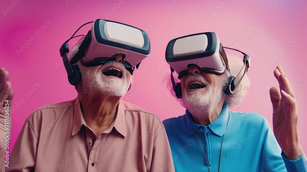 Poster grandma and grandpa using vr headset against pastel color background. generative ai.