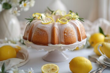 A moist lemon bundt cake with white glaze, decorated with thin lemon slices, presented on a table with fresh lemons and a bouquet of flowers.. - Powered by Adobe