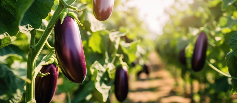 Organic aubergines are grown in sunny agricultural landscapes.