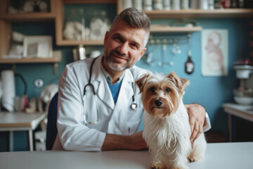 Generative AI, cute small dog being examined by professional veterinarian in vet clinic