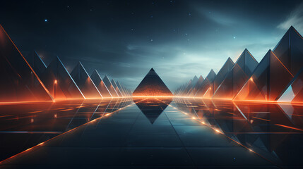 Cosmic Fantasy: Mysterious Geometric Figures Resembling Pyramid-shaped Spacecraft Aligned in Battle Formation, Futuristic Space Artwork with Abstract Cosmic Elements