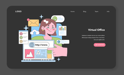 Digital workspace exploration. Woman navigates a vibrant interface with cloud uploads, messages, and analytics. Engaging with online resources and communication. Flat vector illustration