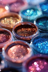 Close up of glitter eyeshadows in plastic containers. Generative AI. - obrazy, fototapety, plakaty