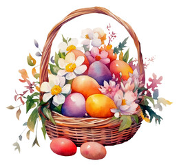 Watercolor illustration of a basket with Easter eggs. Transparent background, png. AI generated